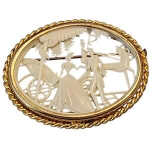 Depose France Celluloid Brooch Couple with Carriage, Antique